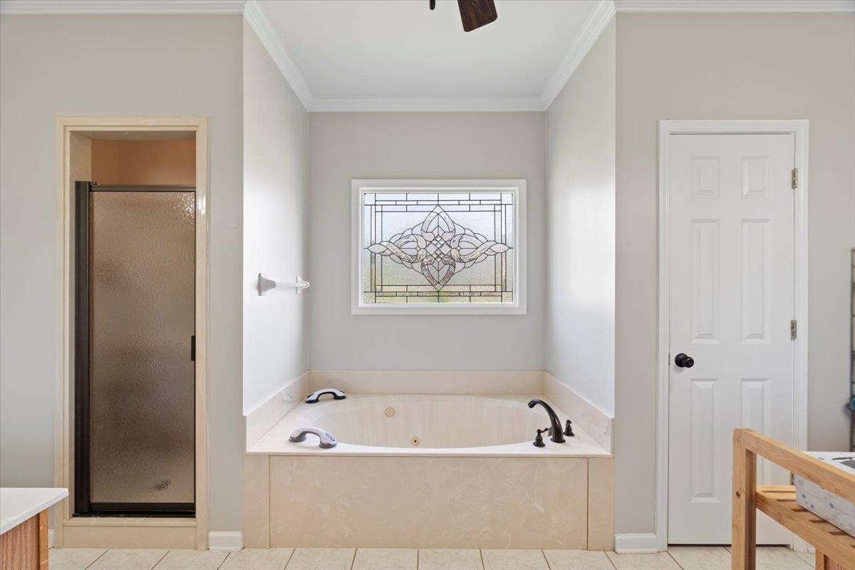 1675 John Ridge Drive Collierville, TN 38017 - Photo 20 of 39 Bathroom featuring vanity, a shower stall, a tub with jets, ornamental molding, and tile patterned floors