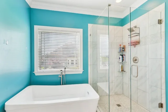 a bathroom with a bathtub and a shower