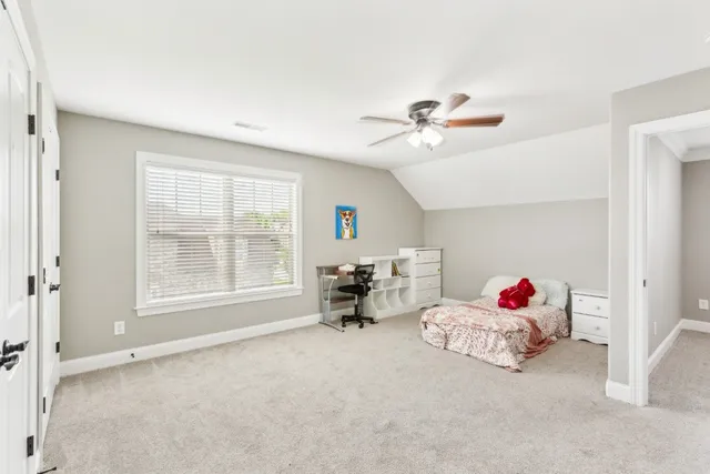 a bedroom with furniture and a chandelier fan