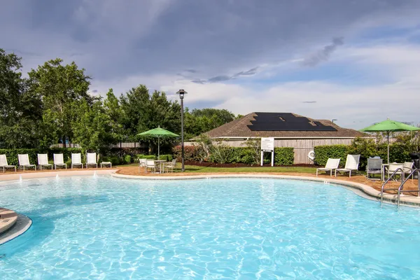 a view of a park with slide and potted plants