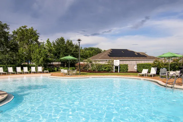 a view of a park with slide and potted plants