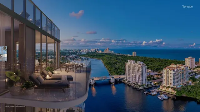 a view of a lake with sitting area