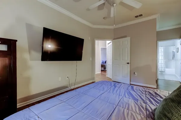 a view of a livingroom with wooden floor