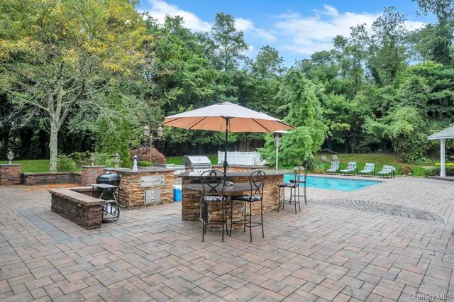 a view of yard with swimming pool and green space