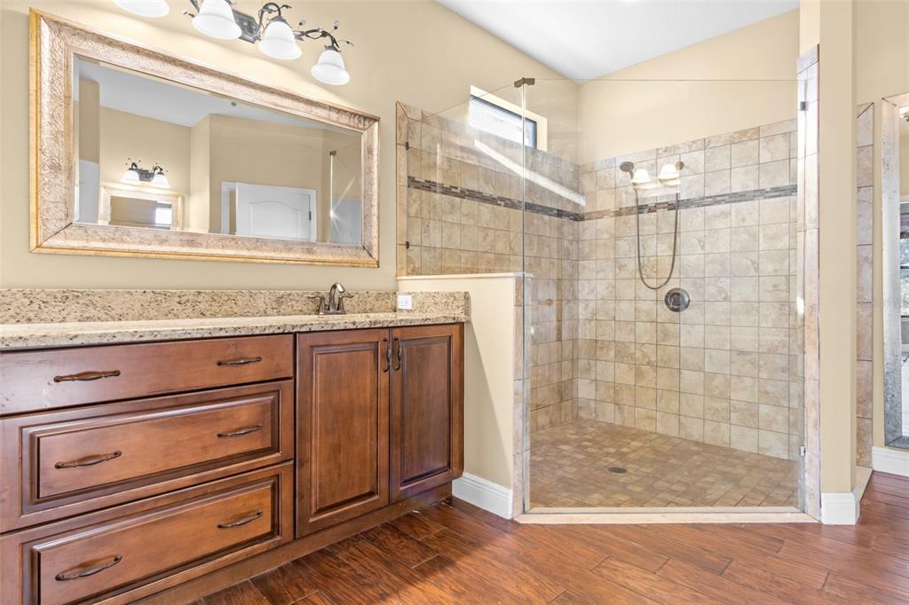 765 Sloans Ridge Road Groveland, FL 34736 - Photo 21 of 62 a bathroom with a granite countertop sink mirror and shower