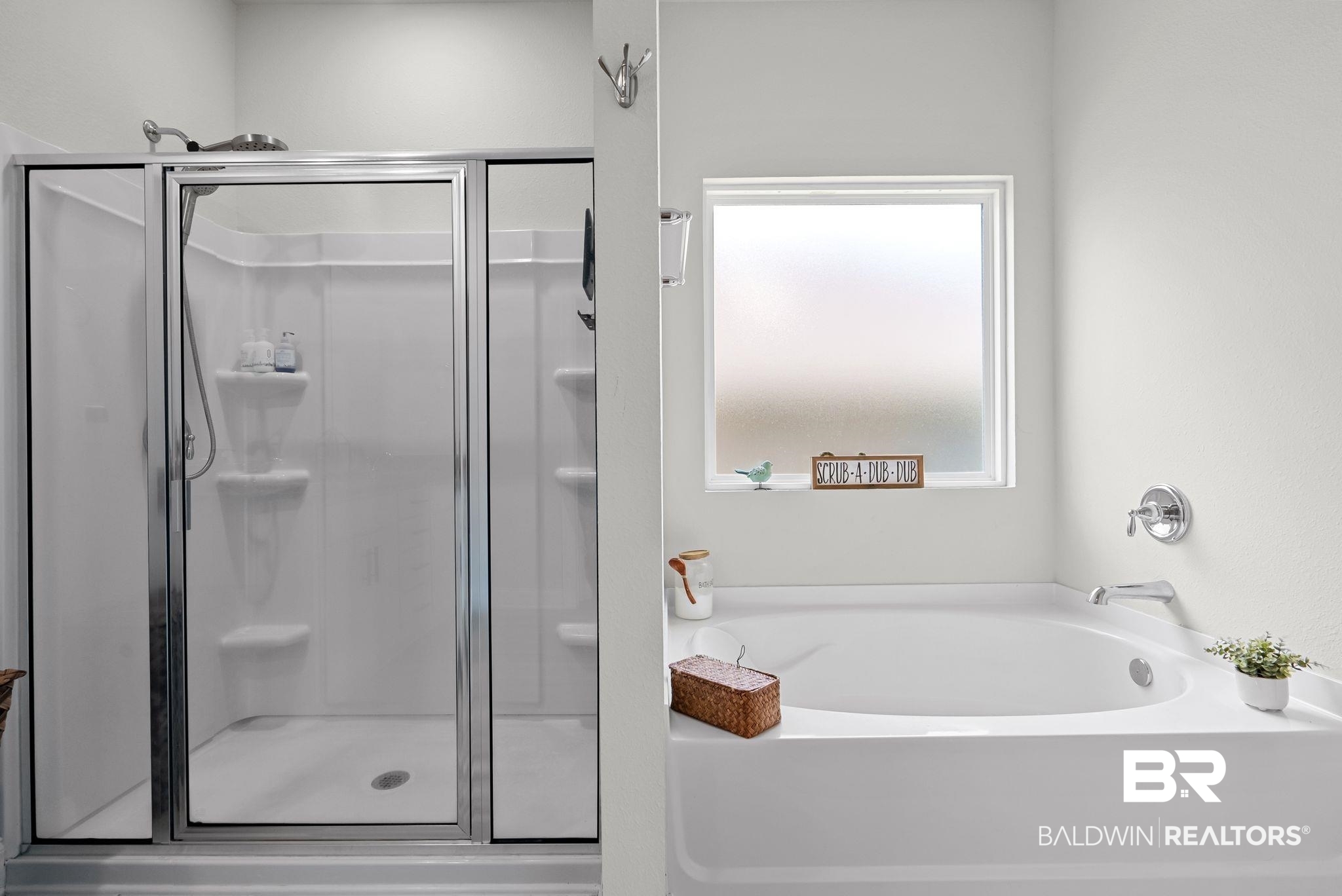 13966 Antler Hl Road Daphne, AL 36527 - Photo 17 of 44 Bathroom featuring an integrated soaking tub and a separate shower enclosure with a sliding glass door