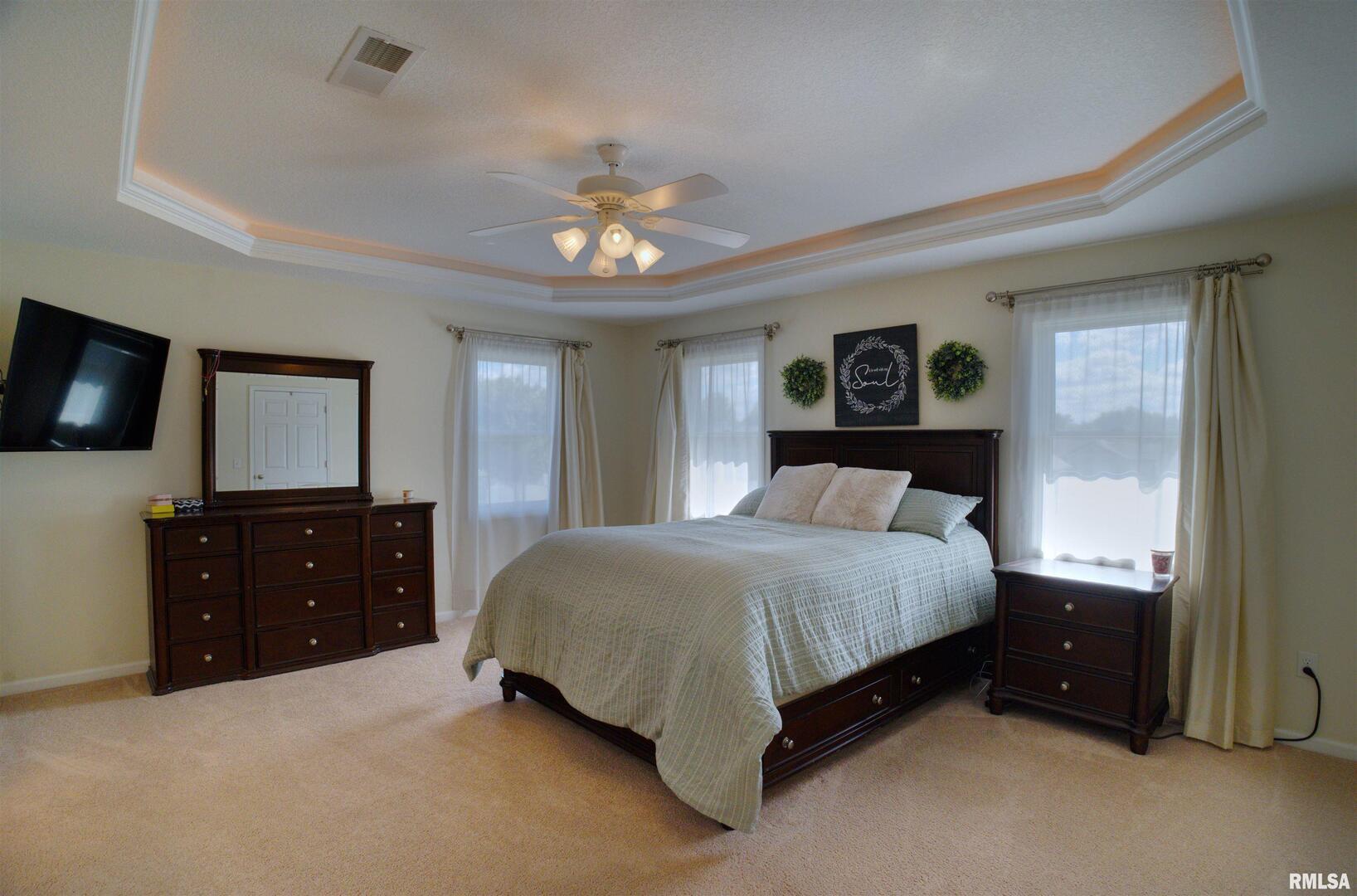 1917 11th Street Camanche, IA 52730 - Photo 21 of 40 a spacious bedroom with a bed and a flat tv screen on dresser