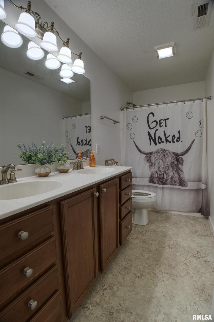 1917 11th Street Camanche, IA 52730 - Photo 22 of 40 a bathroom with a sink a large mirror and a toilet