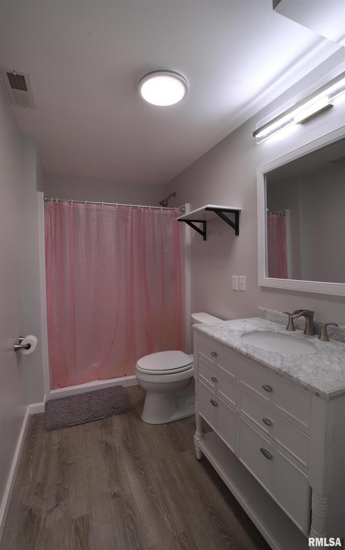 1917 11th Street Camanche, IA 52730 - Photo 31 of 40 a bathroom with a granite countertop sink toilet and a mirror