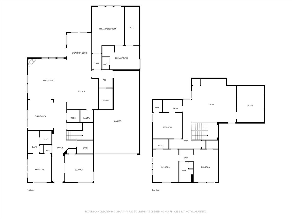 155 Rockwell Park Spring, TX 77389 - Photo 50 of 50 This floor plan features a spacious two-story layout. The first floor includes a large living room, dining area, kitchen with a breakfast nook, and a primary bedroom with an ensuite bathroom. There's also a laundry room, pantry, and garage access. The second floor offers multiple bedrooms, bathrooms, and additional rooms for versatile use. Ideal for families seeking ample space and functionality.