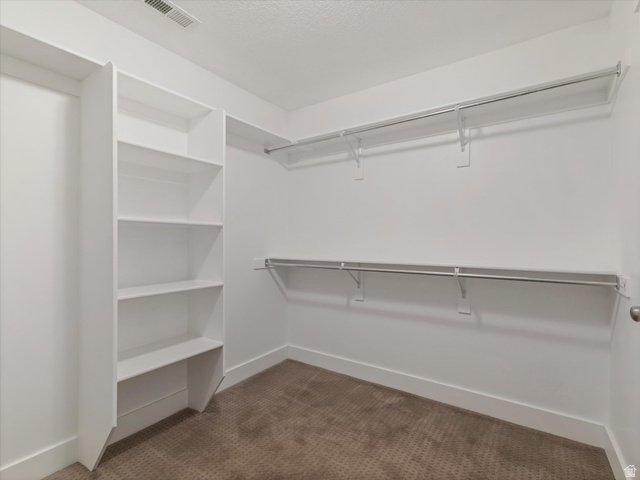 1278 South Grace Way Layton, UT 84041 - Photo 15 of 23 Walk-in closet featuring white built-in shelving, dual hanging rods, white baseboards, and textured carpeting