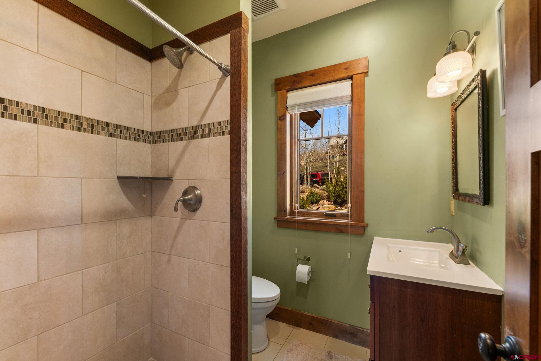 3893 Bryant Avenue Crested Butte, CO 81224 - Photo 31 of 45 a bathroom with a granite countertop sink a toilet and shower