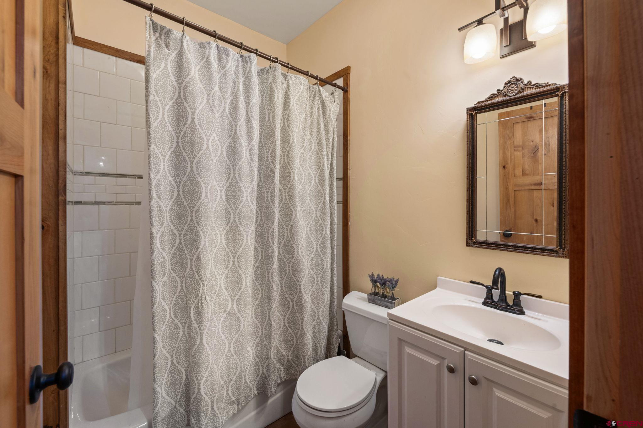 3893 Bryant Avenue Crested Butte, CO 81224 - Photo 38 of 45 a bathroom with a sink a toilet and shower curtain