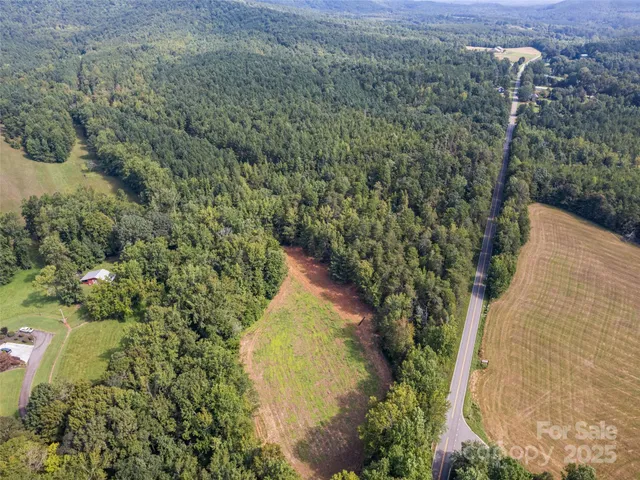 an aerial view of a house with a yard and large trees