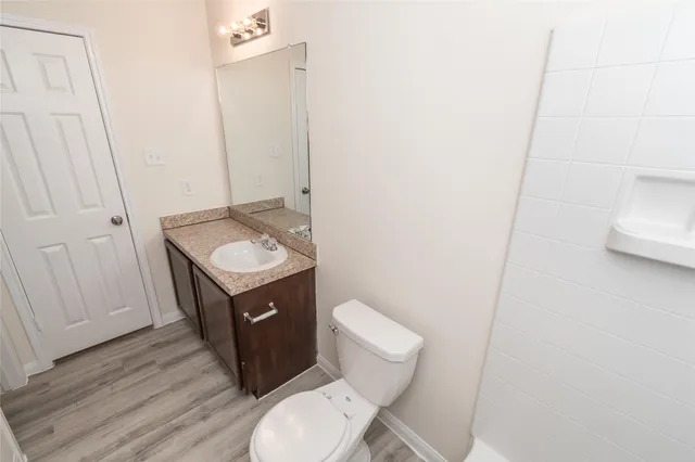 a bathroom with a toilet a sink and vanity