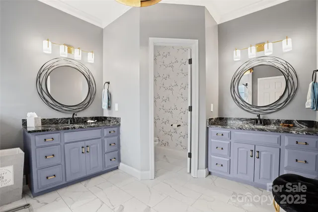 a bathroom with a toilet a double vanity sink and a mirror
