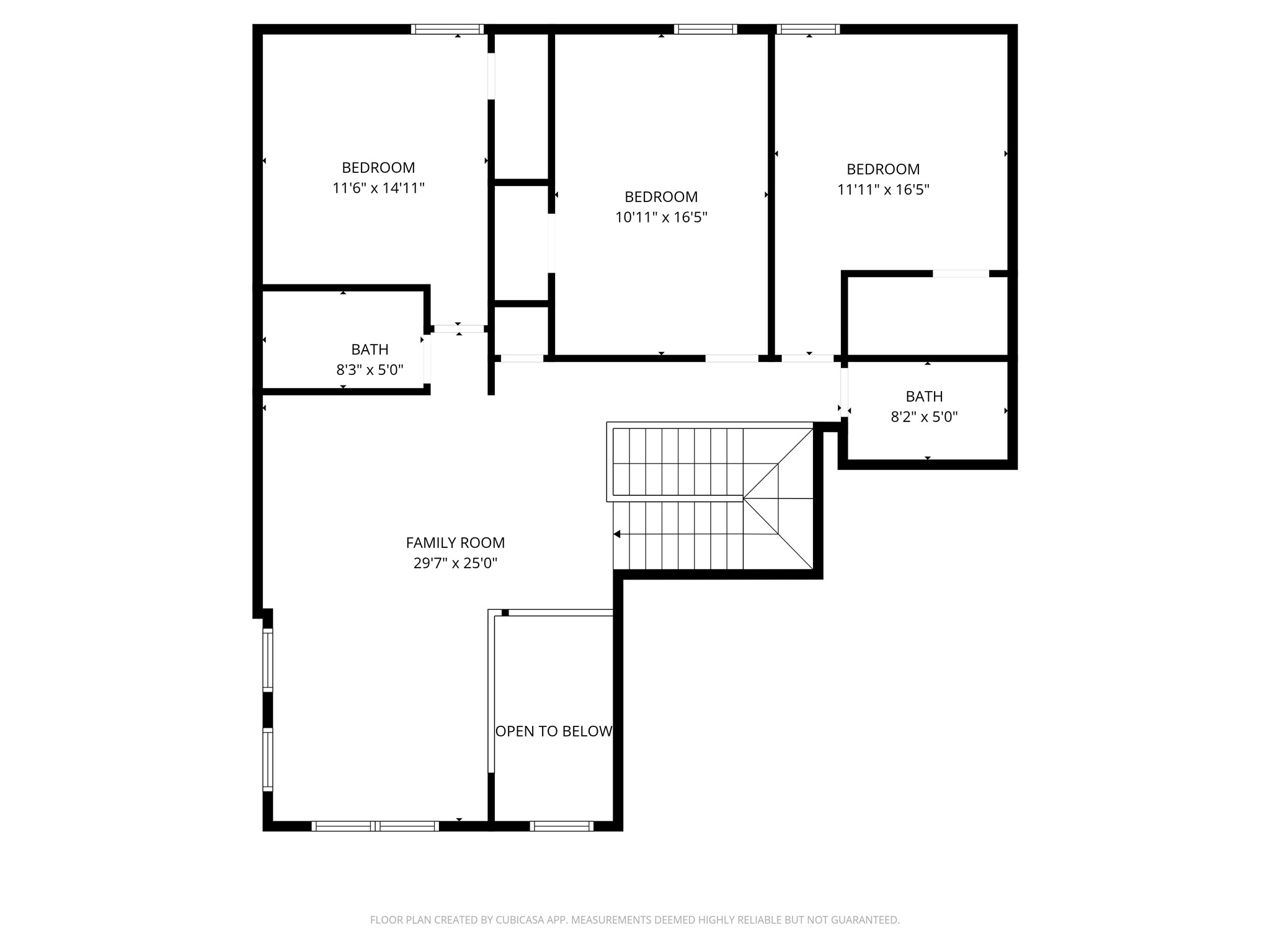 4335 Tawny Timber Drive Spring, TX 77386 - Photo 42 of 42 This floor plan features three bedrooms, two bathrooms, and a spacious family room. The family room is large, measuring 29'7" x 25'0", with an open area below. Each bedroom offers ample space, with the largest being 11'11" x 16'5". The layout is practical for family living.