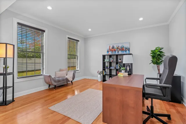 a living room with furniture and a potted plant