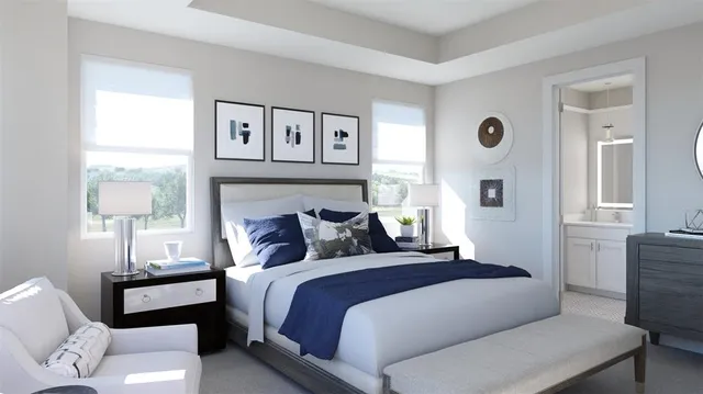 a bedroom with a bed and a lamp with window