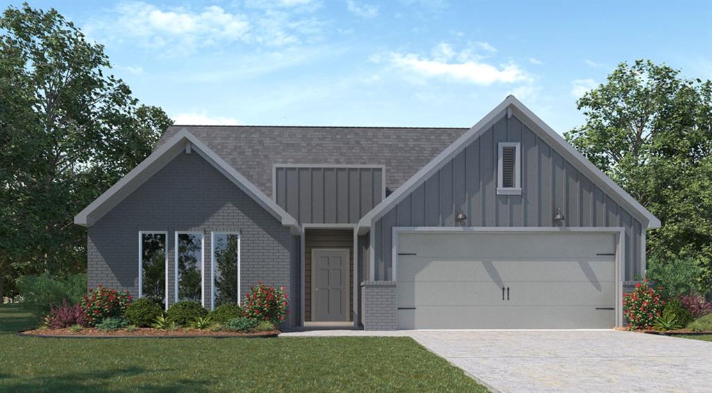 10112 Altair Drive Waco, TX 76708 - Photo 1 of 12 Contemporary facade with a dark gray brick and vertical siding exterior, an attached two-car garage, a gray shingle roof, and a concrete driveway