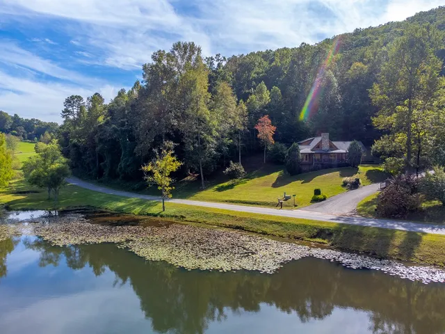 an aerial view of a residential houses covered in trees
