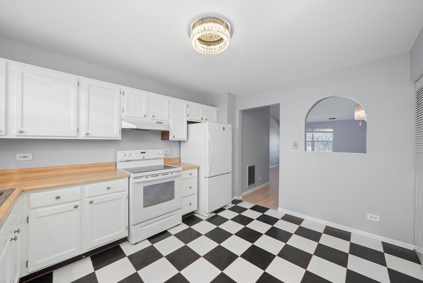 152 East Winchester Road, Unit E Libertyville, IL 60048 - Photo 15 of 24 a kitchen with a checkered floor and white cabinets