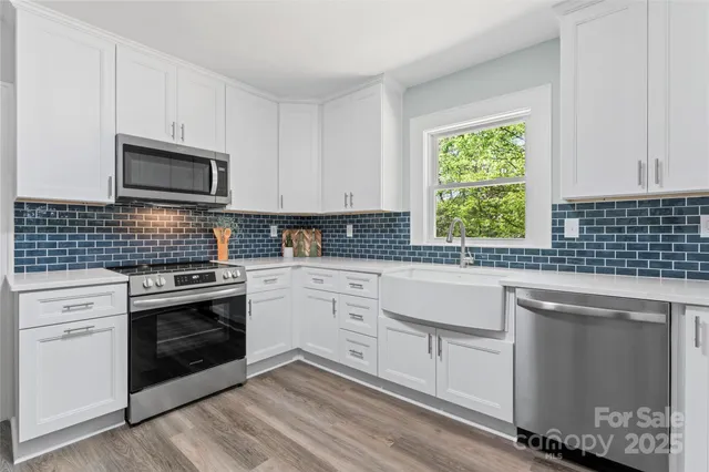 a kitchen with granite countertop white cabinets stainless steel appliances and a sink