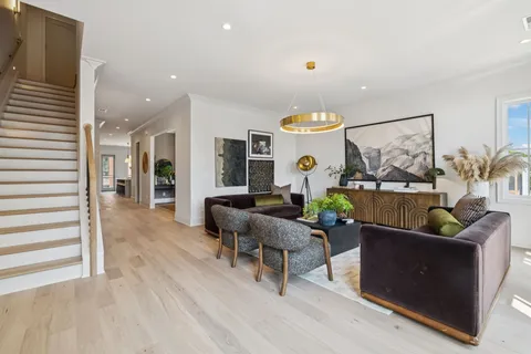 a living room with furniture and a potted plant