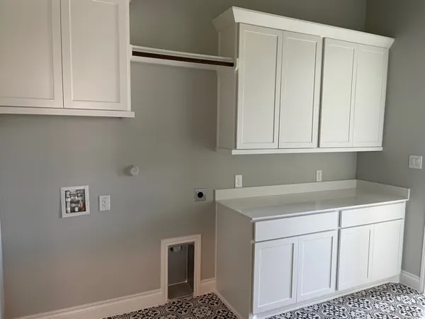 a view of a kitchen with white cabinets