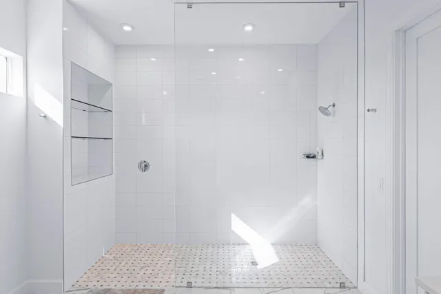 a bathroom with a shower and a toilet