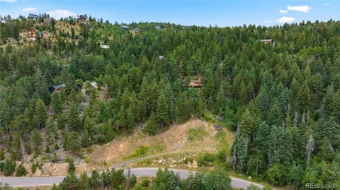 an aerial view of residential houses with outdoor space and trees