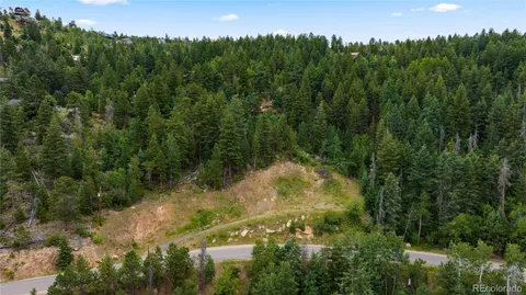 an aerial view of residential houses with outdoor space and trees