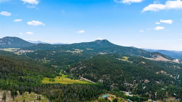 a view of a lush green field with mountains in the background
