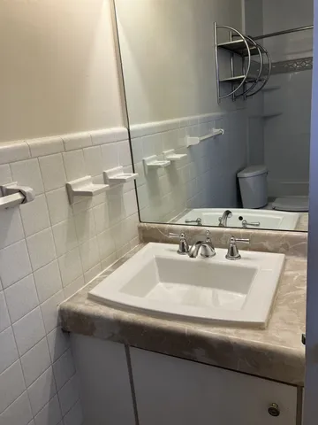 a bathroom with a sink and a mirror