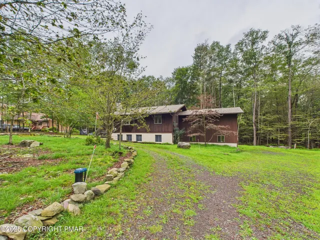 a backyard of a house with plants and large trees