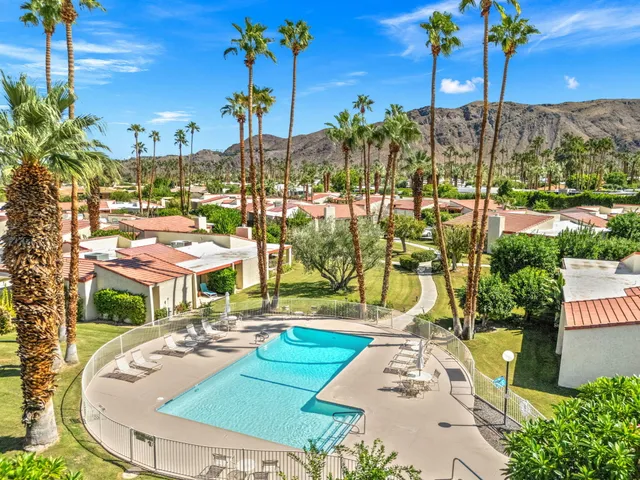 a view of a swimming pool with a lawn chairs and a potted plants