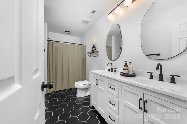 a bathroom with a double vanity sink mirror and toilet