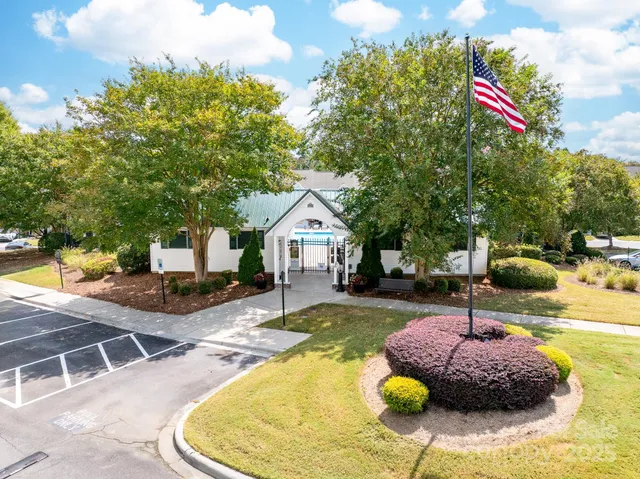 a swimming pool with some potted plants and large tree