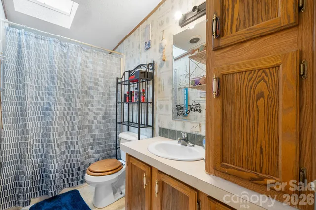 a bathroom with a sink a toilet and shower curtain