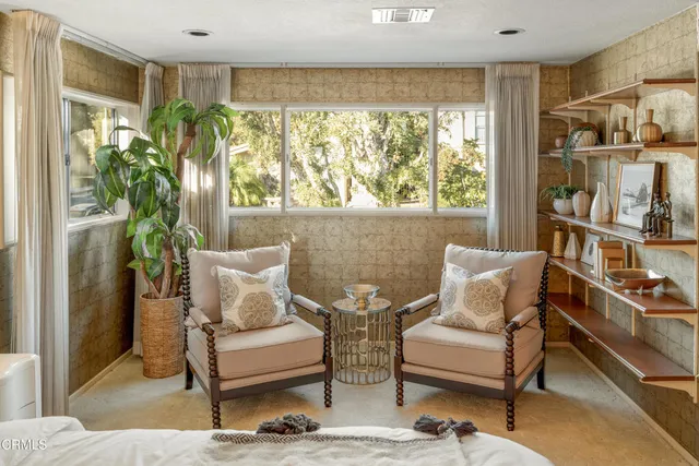 a living room with furniture and a potted plant