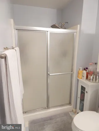 a bathroom with a shower and a toilet