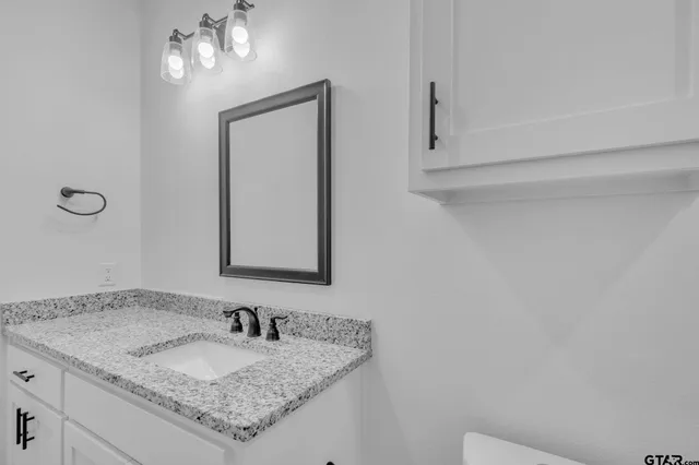 a bathroom with a granite countertop sink and a mirror