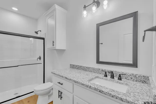 a bathroom with a granite countertop sink toilet and shower