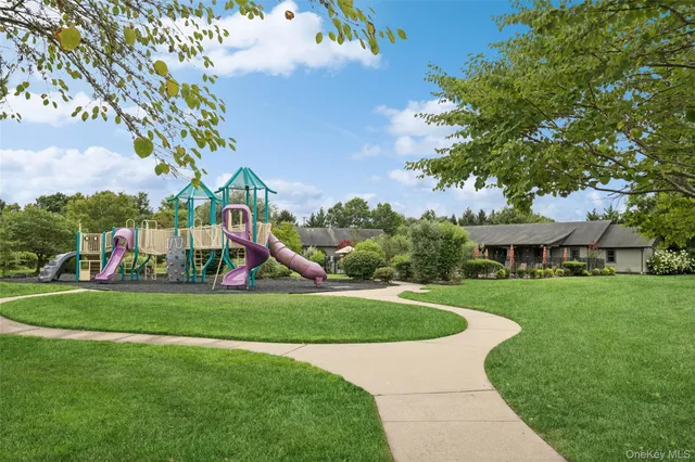 a view of a park with plants and large trees