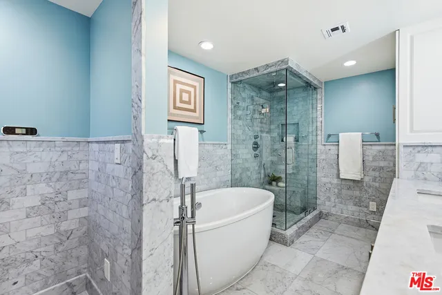 a bathroom with a bathtub and a shower