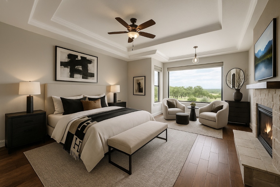 144 Serene Street Spring Branch, TX 78070 - Photo 23 of 37 a spacious bedroom with a bed and a couch