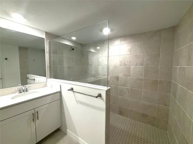 a bathroom with a shower sink vanity and mirror