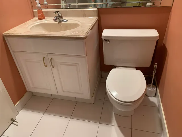 a bathroom with a sink toilet and mirror