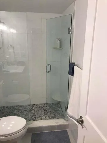 a bathroom with a shower and a toilet