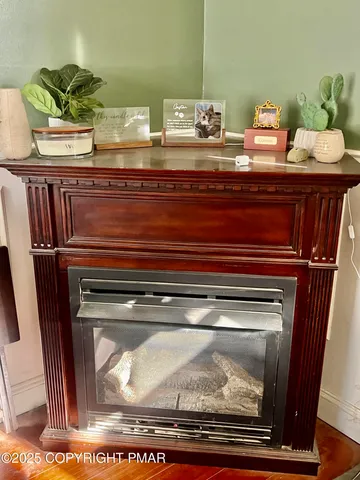 a close view of fireplace with wooden floor